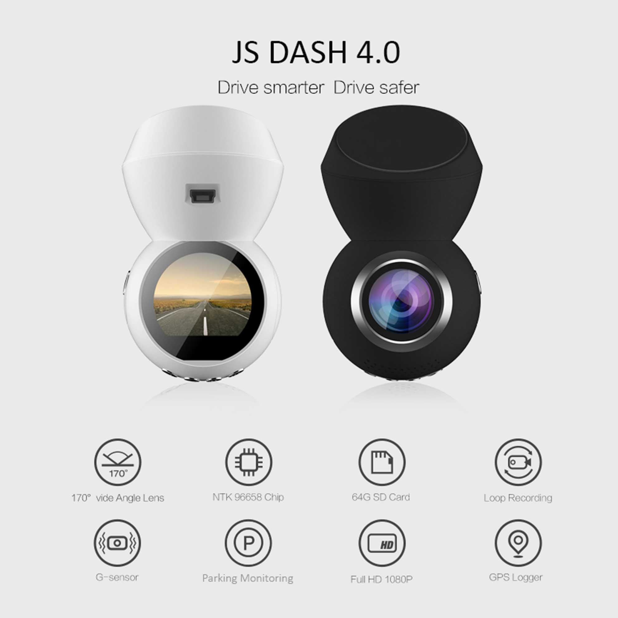 JS Dash 4.0 (BLACK) - Plug &amp; Play Dash Cam- Full HD 1080p Dashcam w/ Parking Monitor &amp; 1.22&quot; LED Screen &amp; GPS w/ MICRO SD CARD *NEW &amp; IMPROVED*